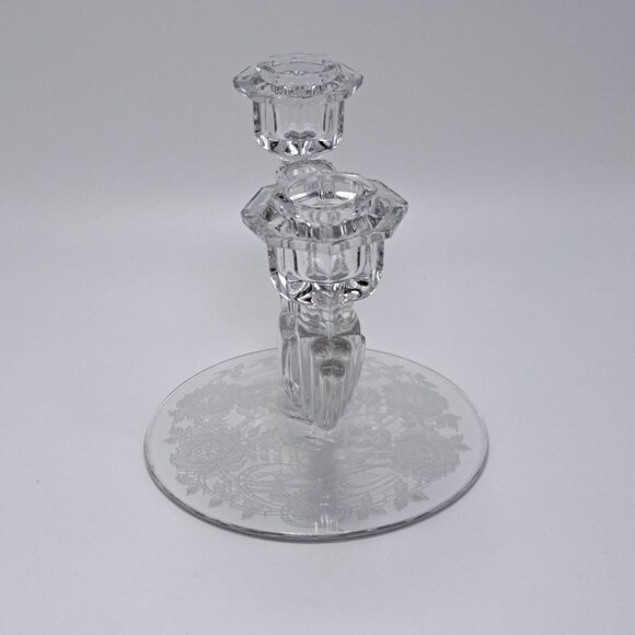 Tiffin Franciscan Etch Clear Glass Etched Double Light Candlestick Holder - Picture 4 of 5